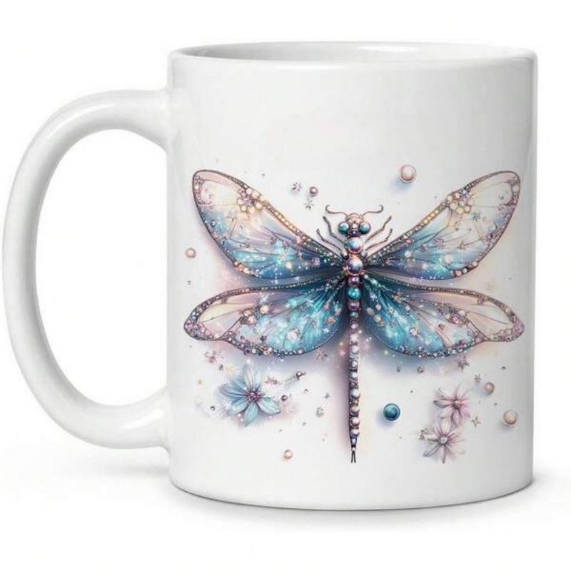 Tailorly White Ceramic 11 oz Mug - Iridescent Wings Shimmering With Delicate Floral Accents And Elegant Sparkling Pearls Dragonfly