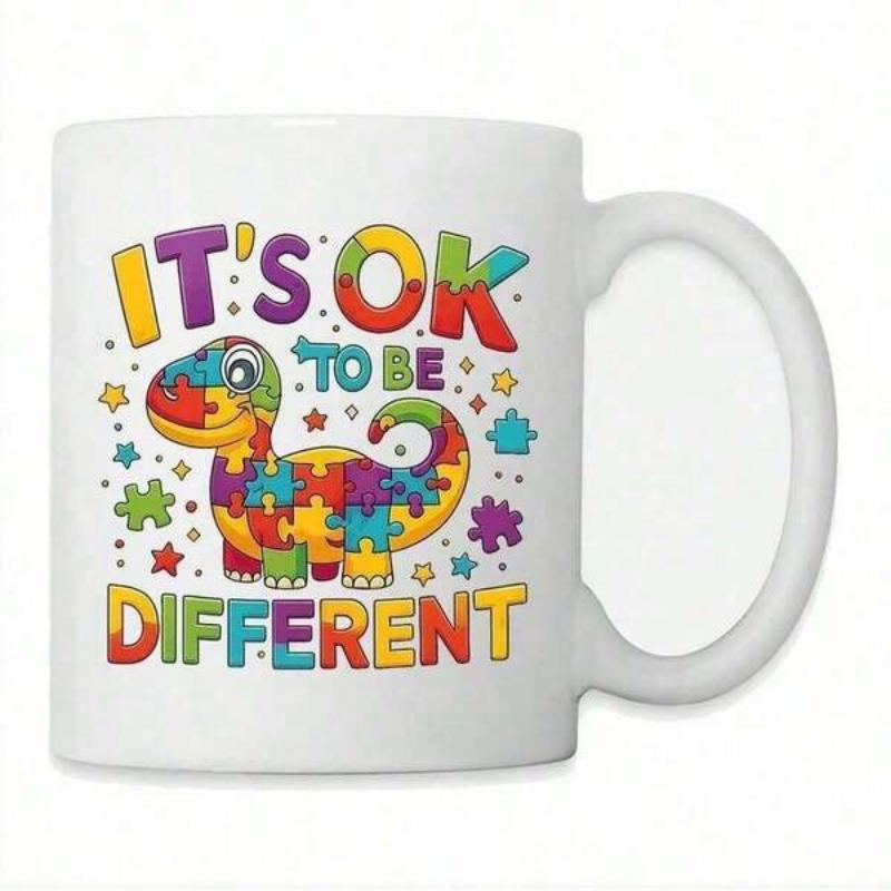 Tailorly White Ceramic 11 oz Mug - Its Ok To Be Different Colorful Puzzle Patterned Dinosaur Among Vibrant Stars And Playful Jigsaw Pieces Dinosaur