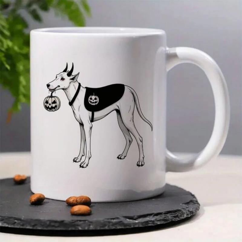Tailorly White Ceramic 11 oz Mug - Spooky Slender Dog Carrying Carved Pumpkin Lantern Wearing Black Halloween Cape Greyhound