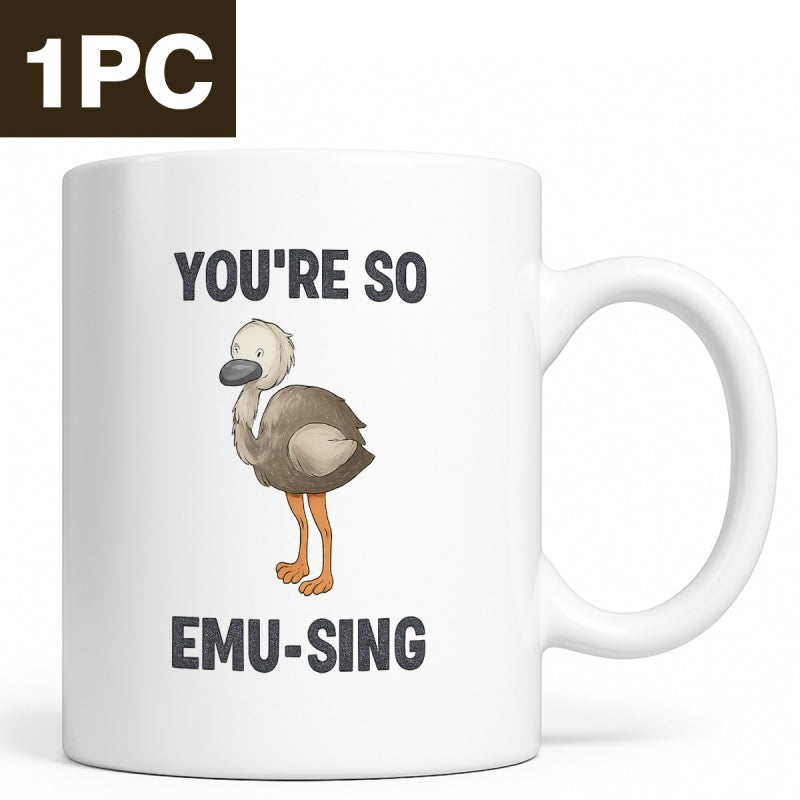 Tailorly White Ceramic 11 oz Mug - Youre So Emusing Cute Cartoon Bird Standing On Long Legs With Quirky Expression Emu
