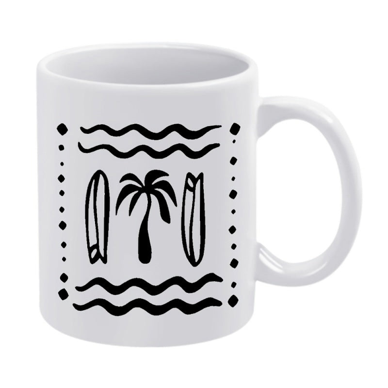 Tailorly White Ceramic 11 oz Mug - Tropical Coastal Scene With Surfboards And Wavy Ocean Elements Palm Tree