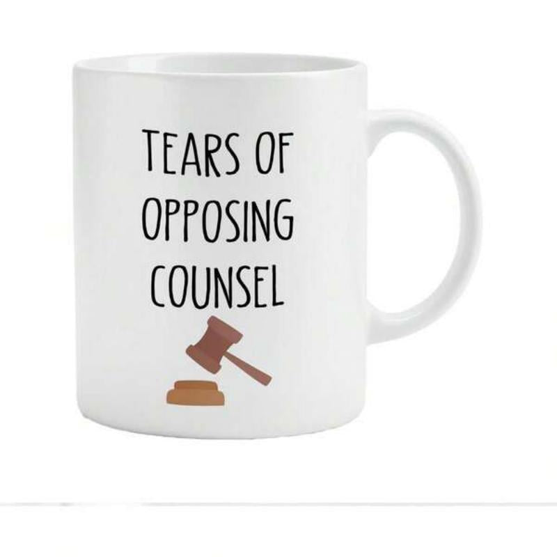 Tailorly White Ceramic 11 oz Mug - Tears Of Opposing Counsel Classic Brown Wooden Mallet Striking A Small Circular Base Gavel