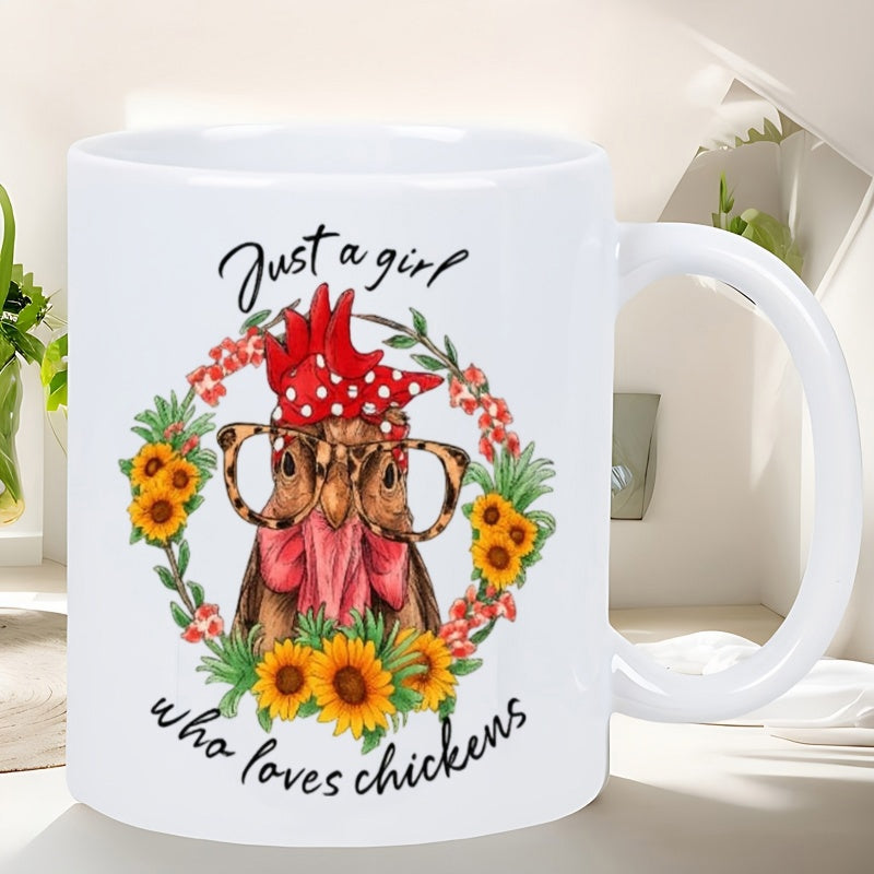 Tailorly White Ceramic 11 oz Mug - Just A Girl Who Loves Chickens Charming Hen Wearing Polka Dot Bandana And Glasses Among Vibrant Sunflower Chicken