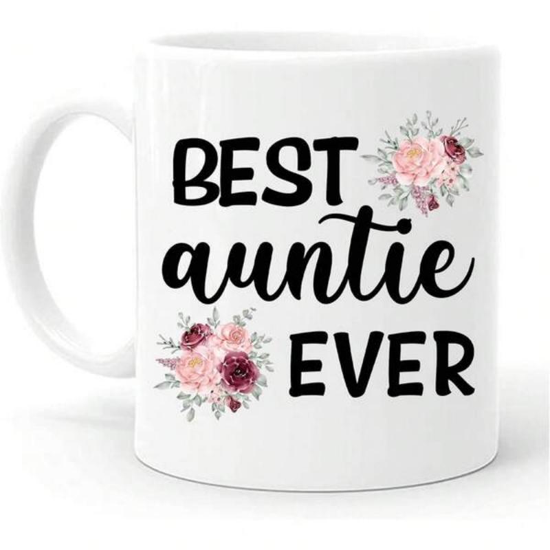Tailorly White Ceramic 11 oz Mug - Best Auntie Ever Elegant Pink And Burgundy Floral Bouquets Surrounding Decorative Script Flower