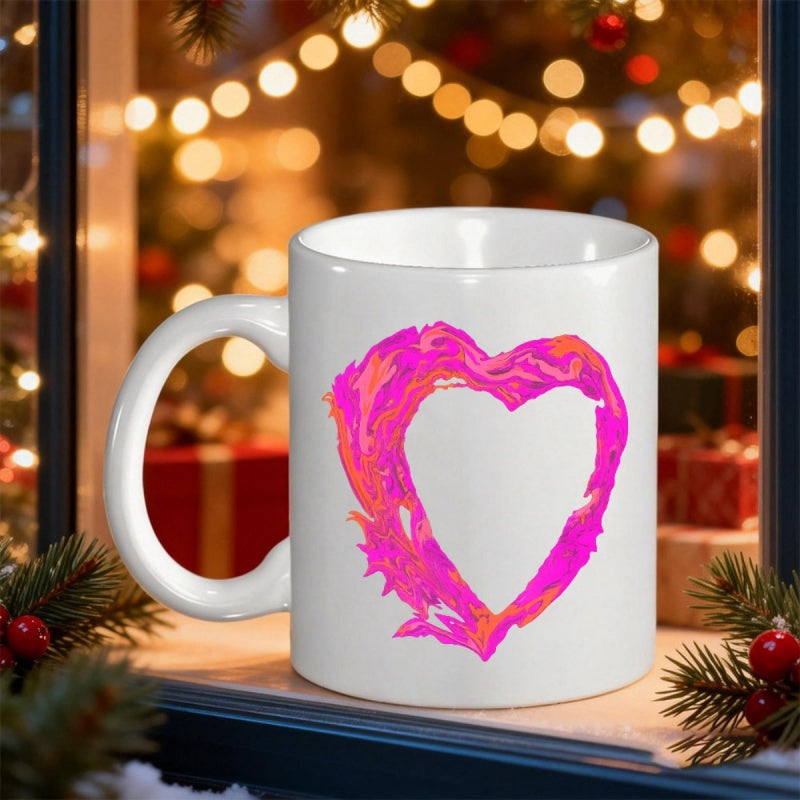 Tailorly White Ceramic 11 oz Mug - Vibrant Textured Brushstrokes Forming An Artistic Abstract Pink And Orange Heart