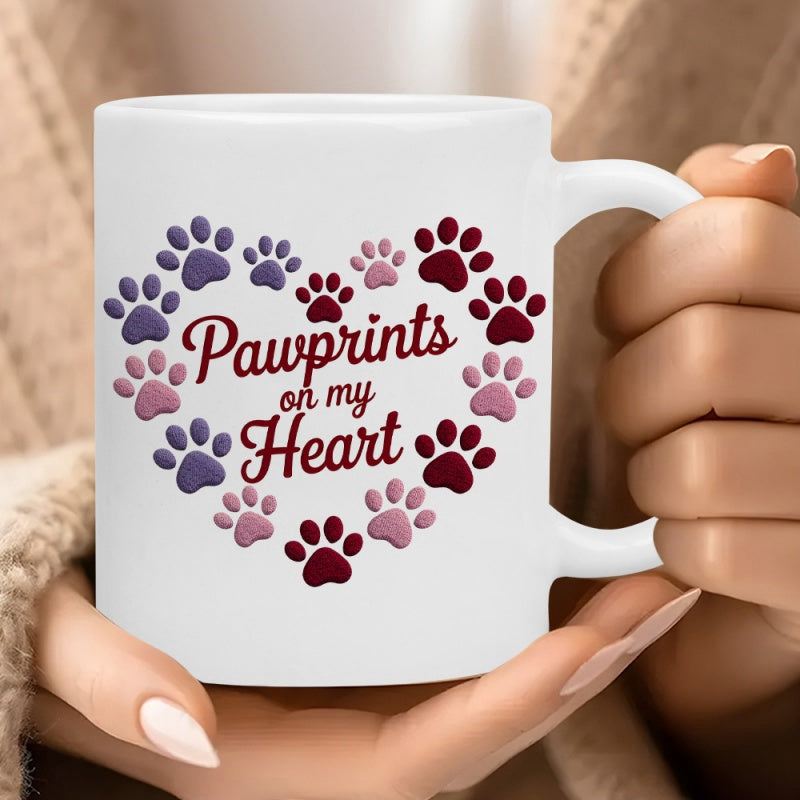Tailorly White Ceramic 11 oz Mug - Pawprints On My Heart Colorful Paw Prints Arranged In A Delicate Shape Forming A Sentimental Heart