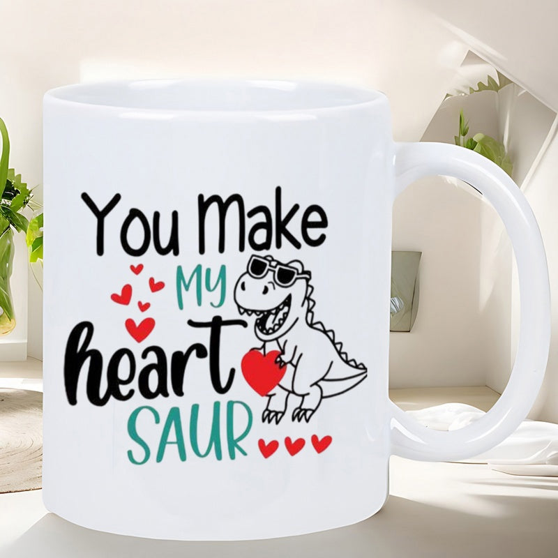 Tailorly White Ceramic 11 oz Mug - You Make My Heart Saur Playful Cartoon Dinosaur Wearing Sunglasses Holding A Vibrant Red Heart Dinosaur