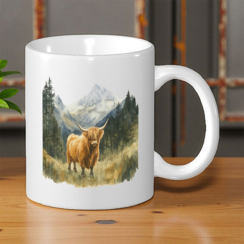 Tailorly White Ceramic 11 oz Mug - Majestic Furry Highland Bull Standing Before Mist Covered Mountains And Forest Cow