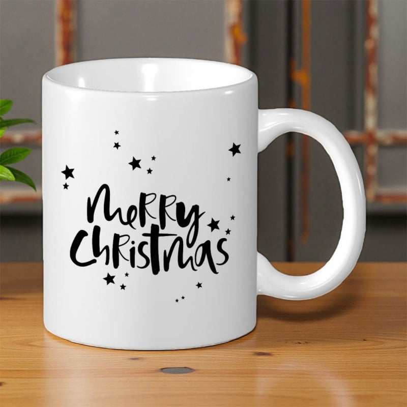 Tailorly White Ceramic 11 oz Mug - Merry Christmas Festive Holiday Style With Small Black Stars Scattered Around Elegant Script Mug