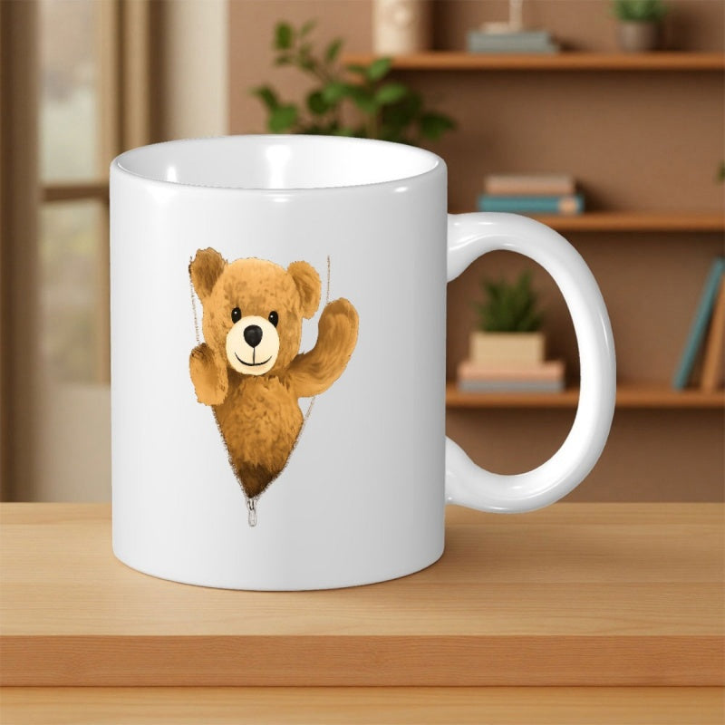 Tailorly White Ceramic 11 oz Mug - Adorable Brown Teddy Peeking Through A Zipped Surface Waving Little Bear