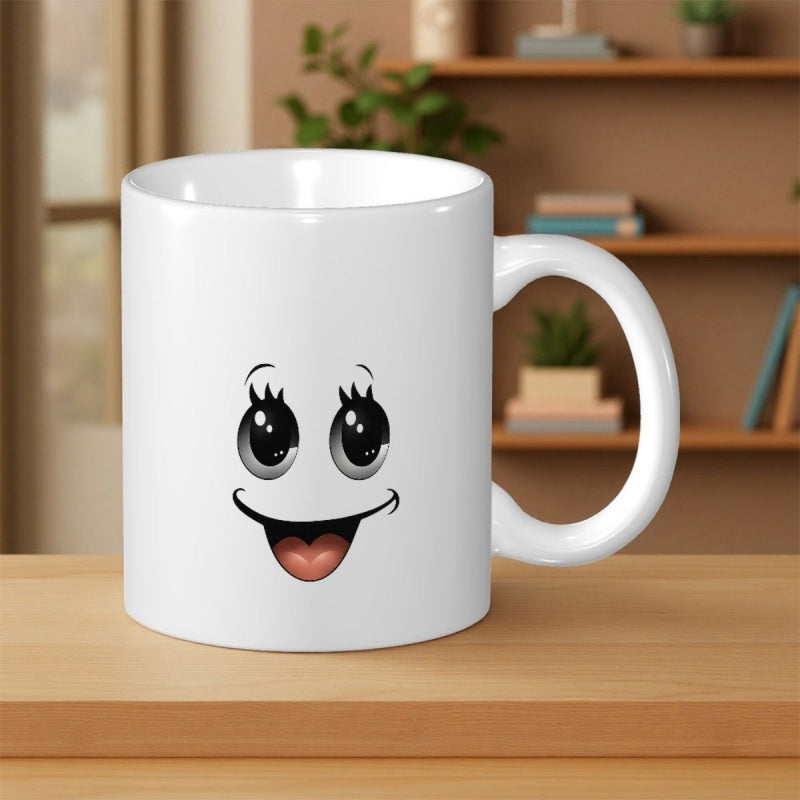 Tailorly White Ceramic 11 oz Mug - Cute Cartoon Eyes With Long Eyelashes And Joyful Smiling Open Mouth Face