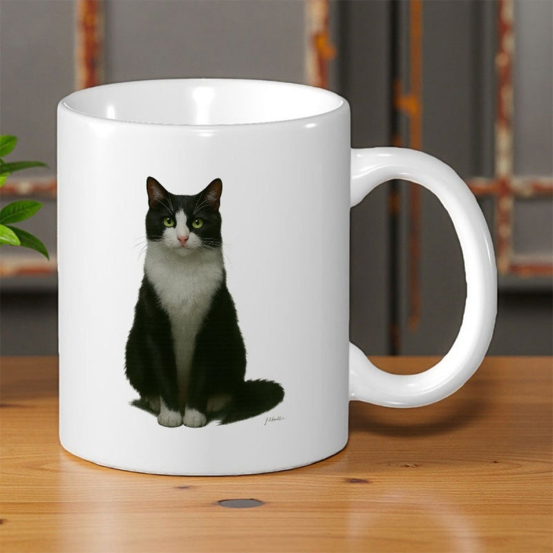Tailorly White Ceramic 11 oz Mug - Sleek Black And White Tuxedo Feline Sitting Patiently With Alert Expression Cat