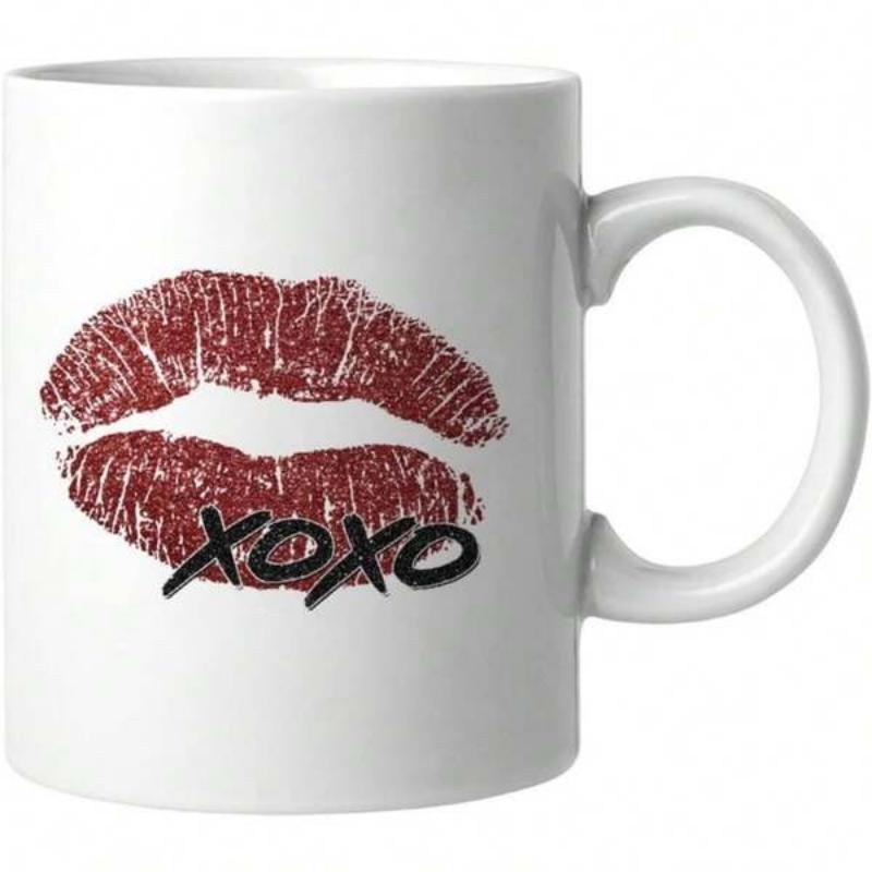 Tailorly White Ceramic 11 oz Mug - Xoxo Red Textured Glittery Lipstick Kiss Mark With Playful Hand Drawn Lettering Lips