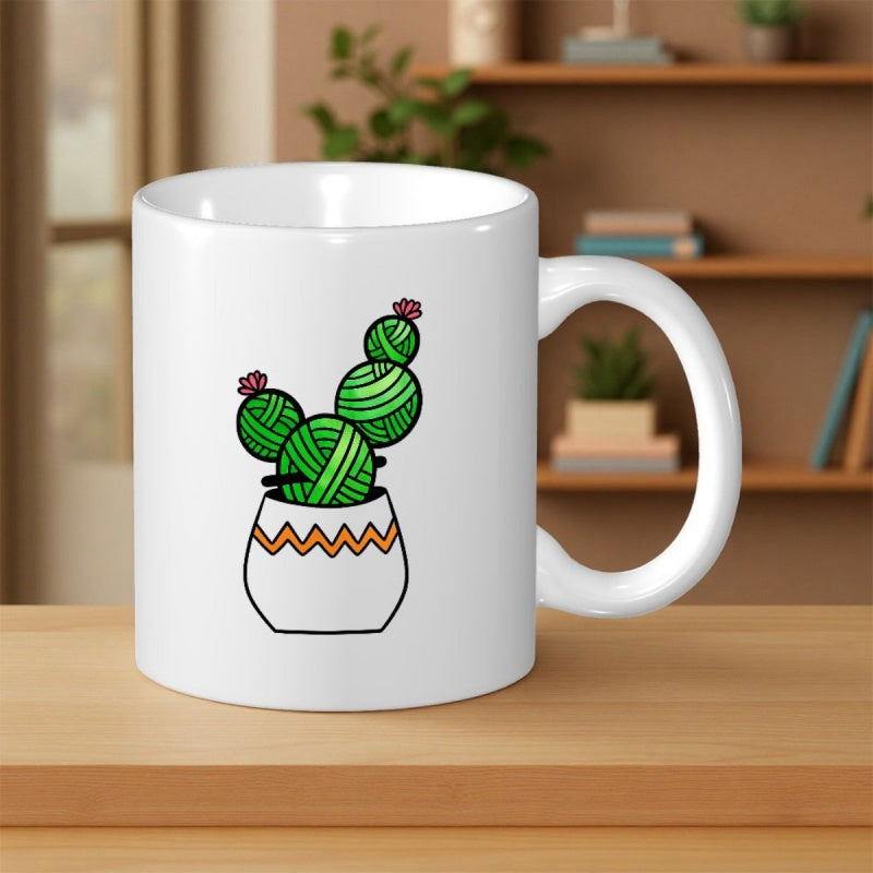 Tailorly White Ceramic 11 oz Mug - Creative Green Yarn Balls Resembling A Desert Plant In Patterned Pot Cactus