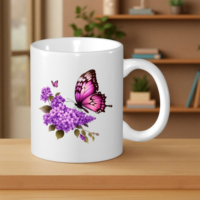 Tailorly White Ceramic 11 oz Mug - Vibrant Pink Butterfly Resting Gracefully On Blooming Purple Lilac Flowers Butterfly