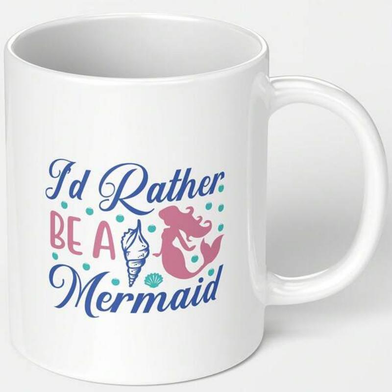 Tailorly White Ceramic 11 oz Mug - Id Rather Be A Mermaid Graceful Pink Silhouette Among Sweet Ice Cream And Decorative Points Mermaid
