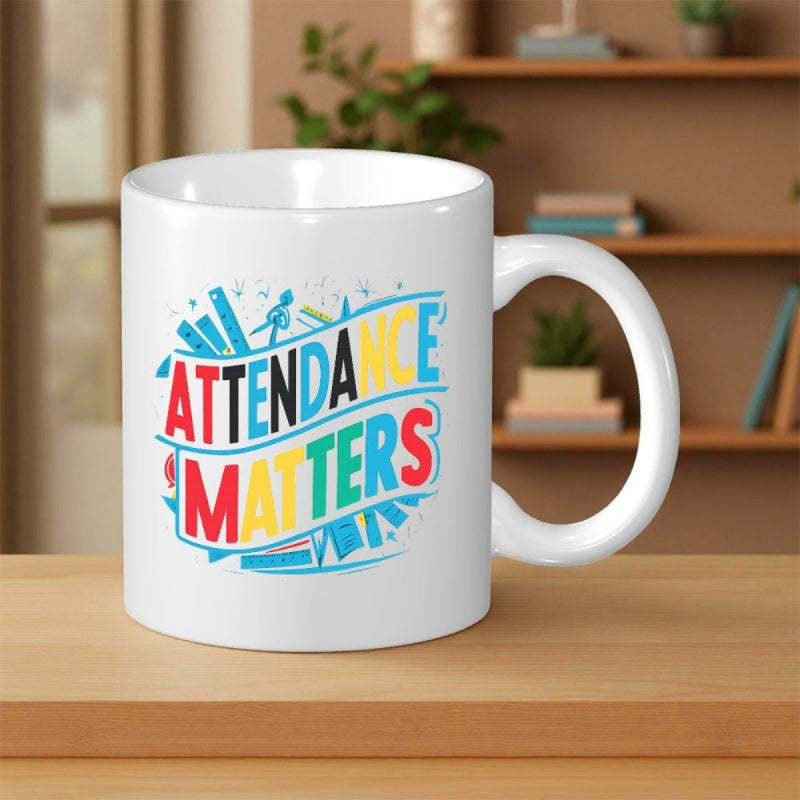 Tailorly White Ceramic 11 oz Mug - Attendance Matters Vibrant School Supplies Featuring Ruler And Compass Symbols Mug