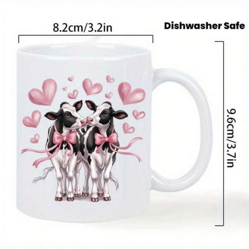 Tailorly White Ceramic 11 oz Mug - Lovely Black And White Spotted Cattle Adorned With Soft Pink Ribbons Cow