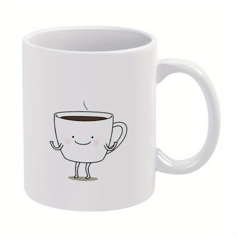 Tailorly White Ceramic 11 oz Mug - Minimalist Cartoon Line Art With Smiling Face And Dancing Legs Hot Coffee Cup