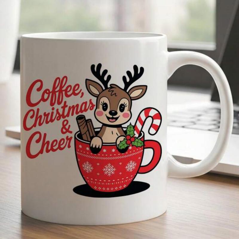 Tailorly White Ceramic 11 oz Mug - Coffee Christmas Cheer Charming Cartoon Deer Sitting Inside Red Patterned Festive Mug Reindeer