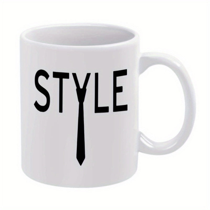 Tailorly White Ceramic 11 oz Mug - Style Minimalist Black Typography Features A Long Elegant Modern Graphic Necktie