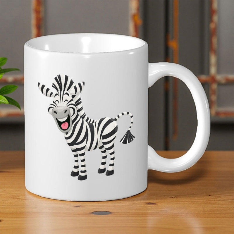 Tailorly White Ceramic 11 oz Mug - Cheerful Cartoon Animal With Black And White Stripes Standing Happily Zebra