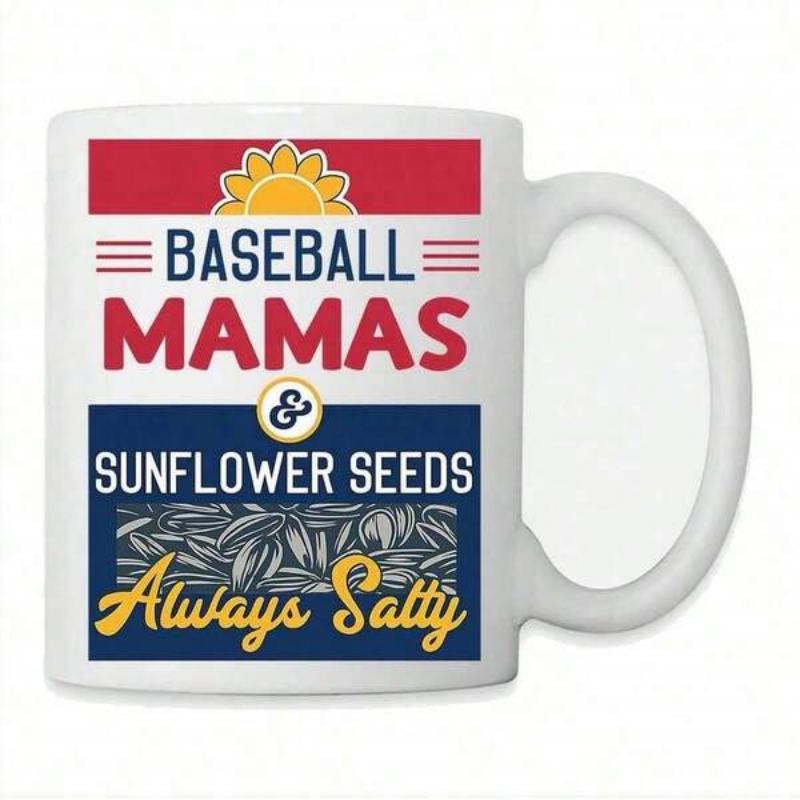 Tailorly White Ceramic 11 oz Mug - Baseball Mamas Sunflower Seeds Always Salty Vibrant Yellow Sun Graphic Over A Pile Of Detailed Textured Sunflower Seeds Mug