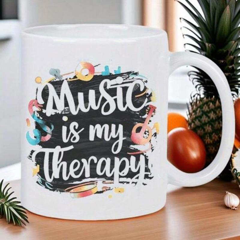 Tailorly White Ceramic 11 oz Mug - Music Is My Therapy Artistic Black Brushstroke With Colorful Musical Notes And Headphones Art