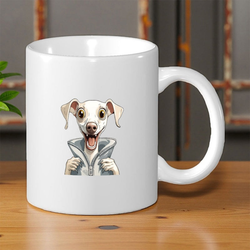 Tailorly White Ceramic 11 oz Mug - Happy Cartoon Whippet Wearing Grey Hoodie With Large Joyful Eyes Dog