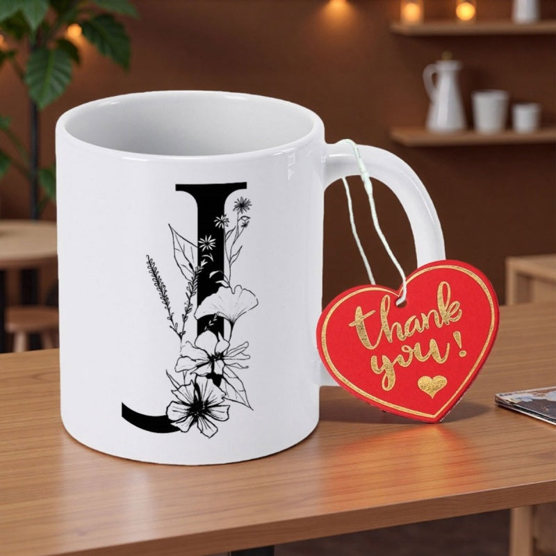 Tailorly White Ceramic 11 oz Mug - Thank You Elegant Black Serif Letter Intertwined With Delicate Botanical Line Art Letter