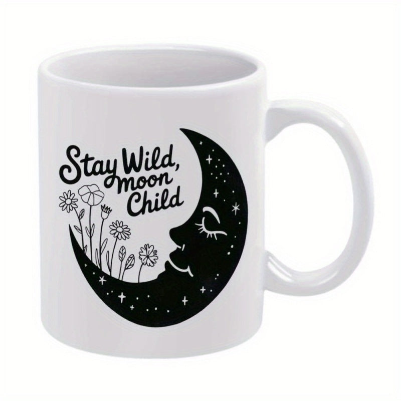 Tailorly White Ceramic 11 oz Mug - Stay Wild Moon Child Serene Crescent Moon Profile With Stars And Delicate Blooming Wild Flowers Moon