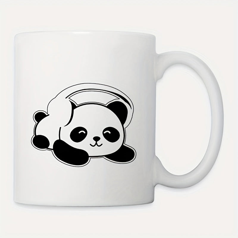 Tailorly White Ceramic 11 oz Mug - Adorable Cartoon Animal Wearing Headphones Resting Peacefully On Minimalist Background Panda
