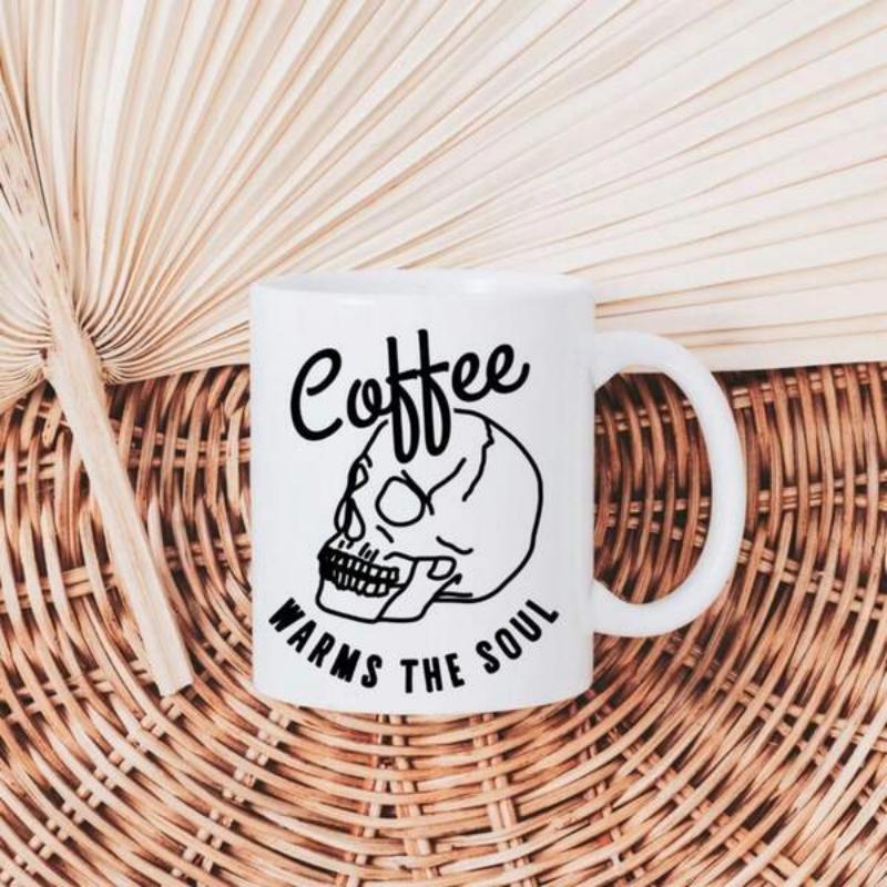 Tailorly White Ceramic 11 oz Mug - Coffee Warms The Soul Simple Hand Drawn Minimalist Anatomical Line Art Human Skull