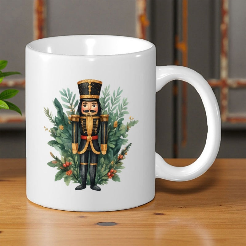 Tailorly White Ceramic 11 oz Mug - Traditional Soldier Guard Standing Among Lush Green Festive Winter Holiday Leaves Nutcracker