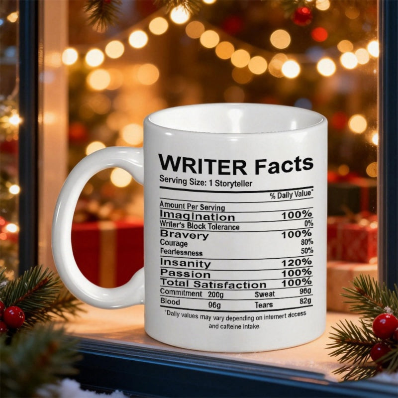 Tailorly White Ceramic 11 oz Mug - Writer Facts Glossy With Nutritional Facts Label Styled Print Mug