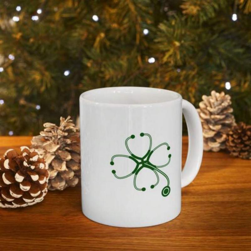 Tailorly White Ceramic 11 oz Mug - Green Stethoscopes Formed Into A Lucky Four Leaf Medical Symbol Clover