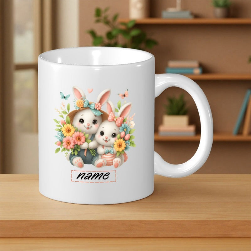 Tailorly White Ceramic 11 oz Mug - Name Two Cute Bunnies Holding Colorful Flowers Surrounded By Fluttering Garden Butterflies Rabbit