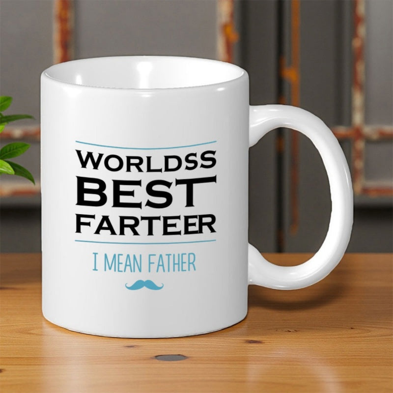 Tailorly White Ceramic 11 oz Mug - Worldss Best Farteer I Mean Father Simple Blue Minimalist Icon Under Bold Slogan Typography Mustache
