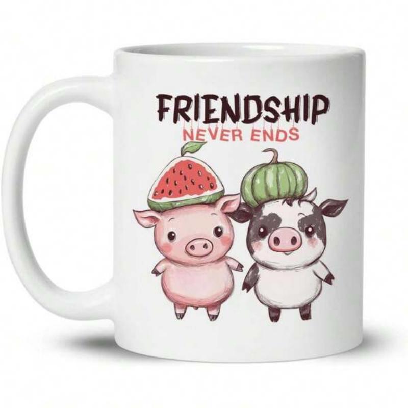 Tailorly White Ceramic 11 oz Mug - Friendship Never Ends Hand Drawn Cute Pink Pig And Spotted Cow Wearing Fruit Hats Friends