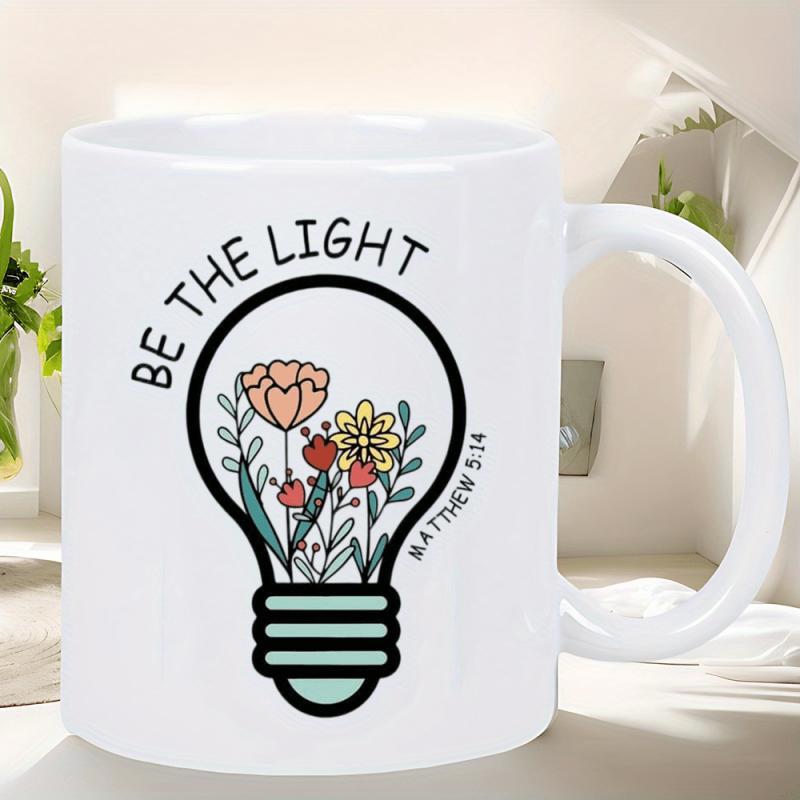 Tailorly White Ceramic 11 oz Mug - Be The Light Matthew 5 14 Artistic Outline Housing Colorful Blooming Flowers And Delicate Green Leaves Bulb