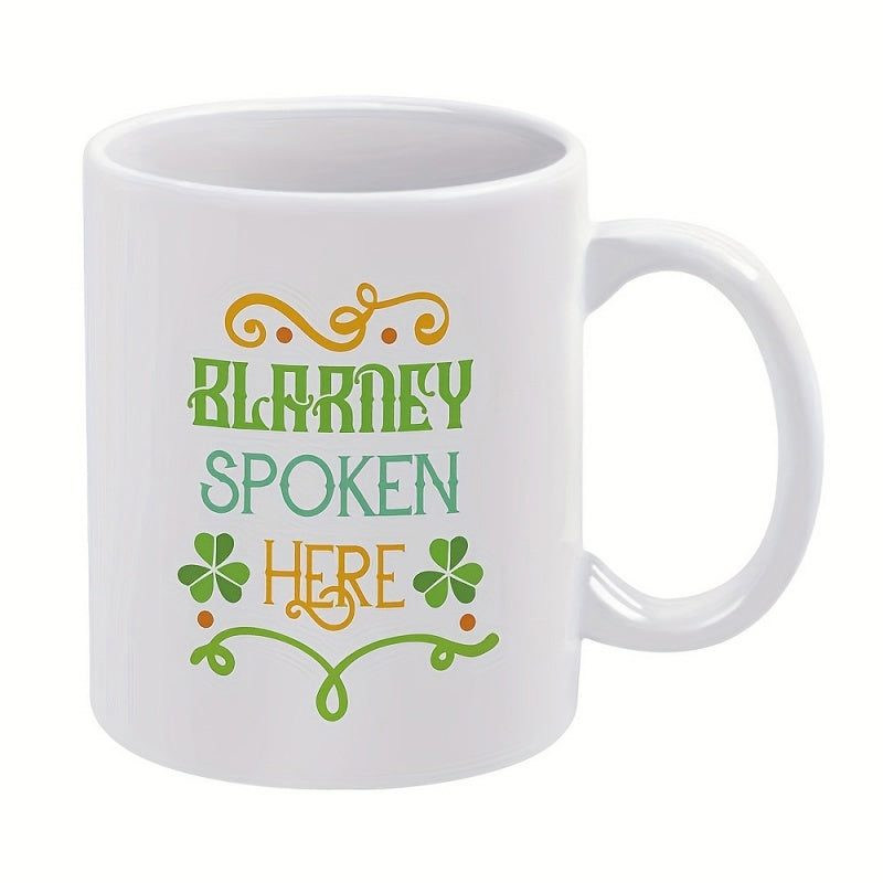 Tailorly White Ceramic 11 oz Mug - Blarney Spoken Here Elegant Golden And Green Scrollwork With Vibrant Traditional Irish Symbols Shamrock