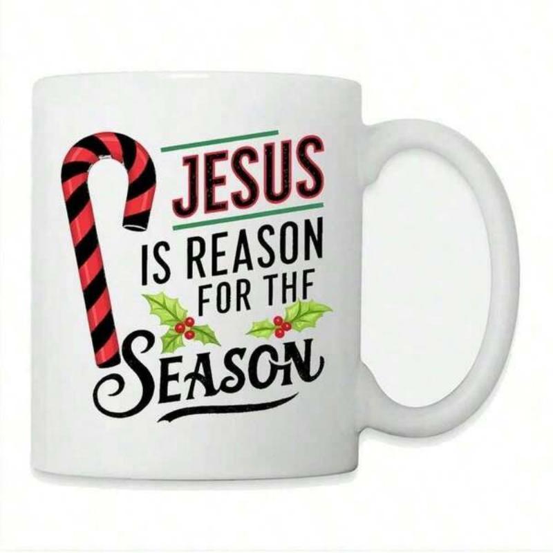 Tailorly White Ceramic 11 oz Mug - Jesus Is Reason For The Season Striped Candy Cane Among Festive Holly Leaves And Berries Mug