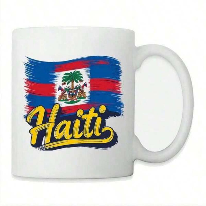 Tailorly White Ceramic 11 oz Mug - Haiti Vibrant Brushstroke Patriotic National Emblem Featuring Proud Caribbean Heritage Flag