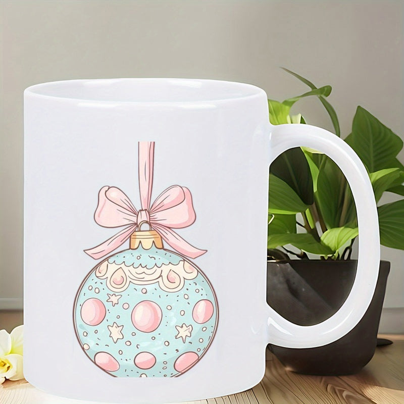 Tailorly White Ceramic 11 oz Mug - Elegant Festive Pastel Christmas Bauble Hanging From A Delicate Pink Bow Ornament
