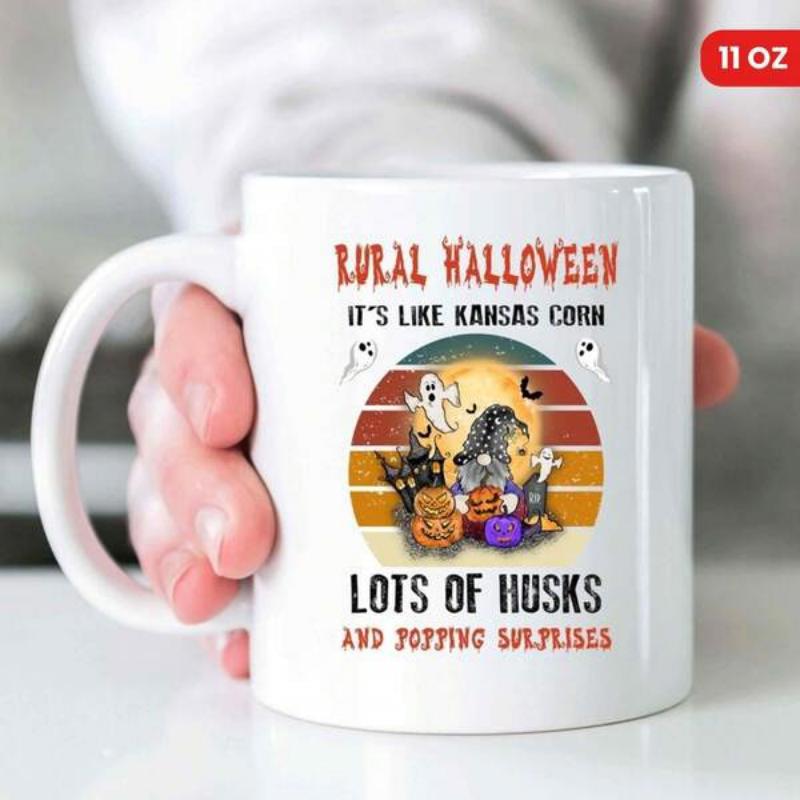 Tailorly White Ceramic 11 oz Mug - Rural Halloween Its Like Kansas Corn Lots Of Husks And Popping Surprises Vibrant Retro Sunset With Spooky Ghosts And Carved