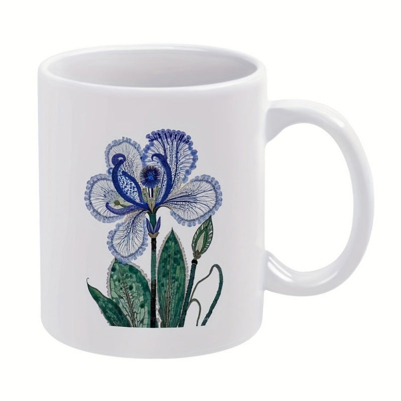 Tailorly White Ceramic 11 oz Mug - Intricate Blue Botanical Iris With Detailed Lace Patterns And Green Foliage Flower