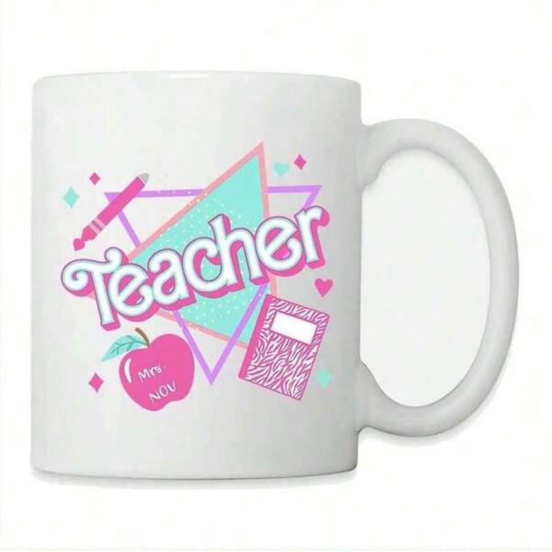Tailorly White Ceramic 11 oz Mug - Teacher Retro School Elements With Pink Apple And Pencil Among Colorful Triangles Mug