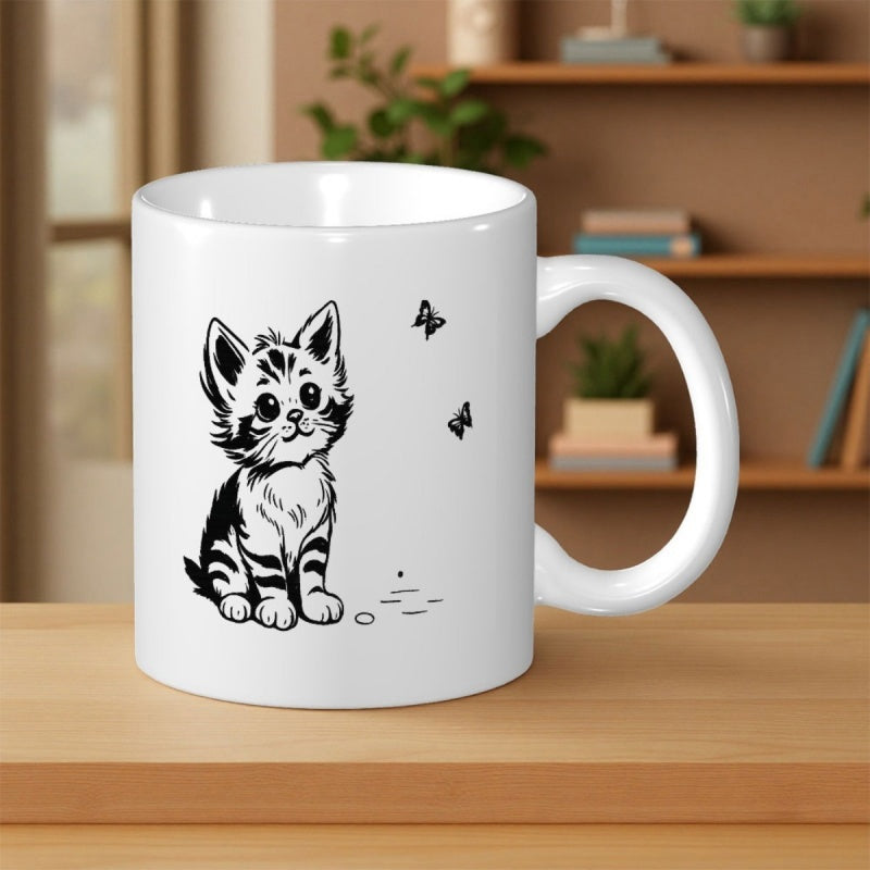 Tailorly White Ceramic 11 oz Mug - Hand Drawn Minimalist Kitten Watching Two Small Fluttering Butterflies Cat