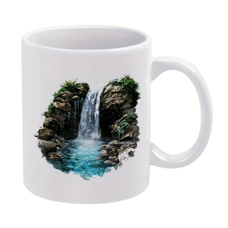 Tailorly White Ceramic 11 oz Mug - Lush Green Foliage Surrounding A Cascading Blue Stream Over Rugged Rocks Waterfall