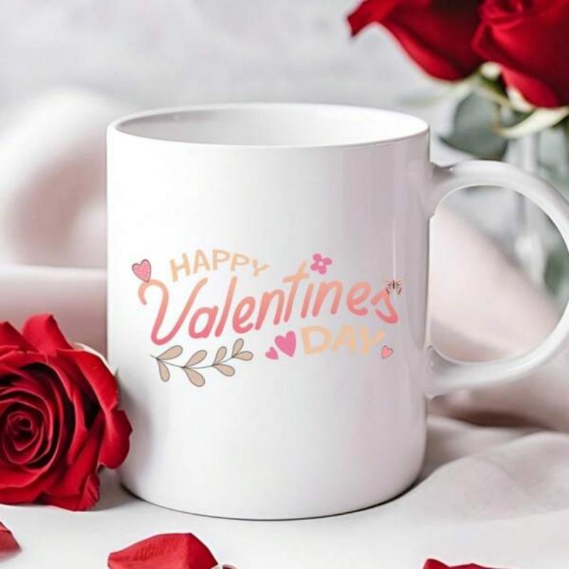 Tailorly White Ceramic 11 oz Mug - Happy Valentine's Day Featuring Festive Hearts And Elegant Floral Sprig Mug